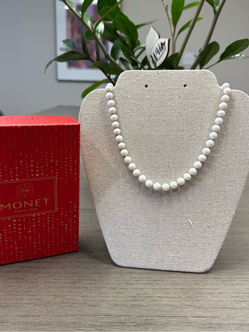 Monet White Beaded Necklace - mid Century Modern